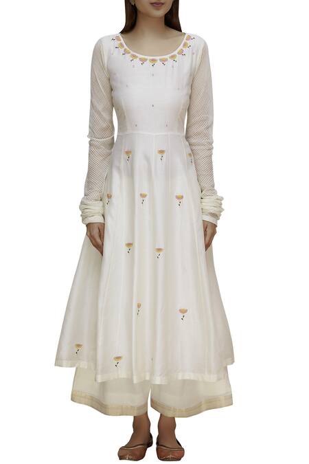 Label Earthen_Off White Silk Chanderi Resham Embroidered Anarkali Set For Kids_Online_at_Aza_Fashions