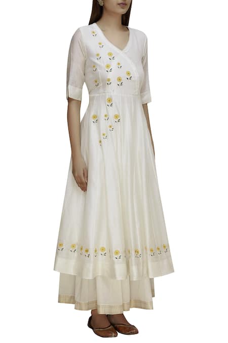 Label Earthen_Off White Silk Chanderi Resham Embroidered Anarkali And Sharara Set For Kids_Online_at_Aza_Fashions