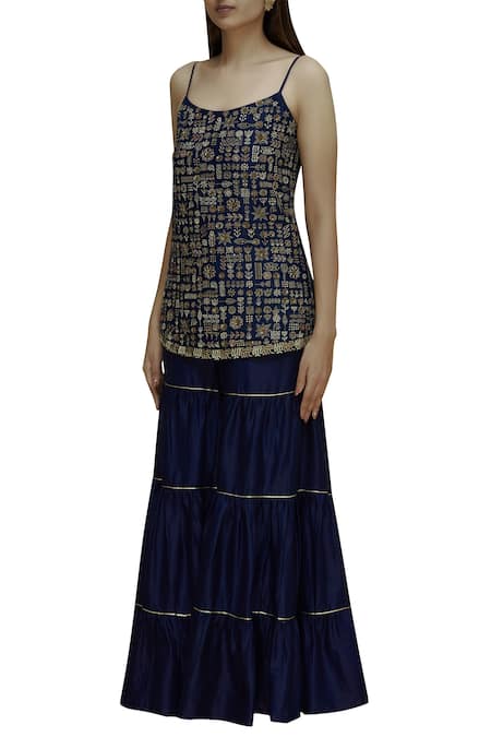 Label Earthen_Blue Silk Chanderi Navy Zari Embroidered Kurta Set For Kids_Online_at_Aza_Fashions