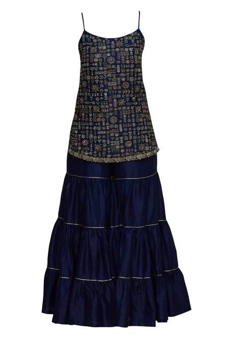 Buy_Label Earthen_Blue Silk Chanderi Navy Zari Embroidered Kurta Set For Kids_Online_at_Aza_Fashions