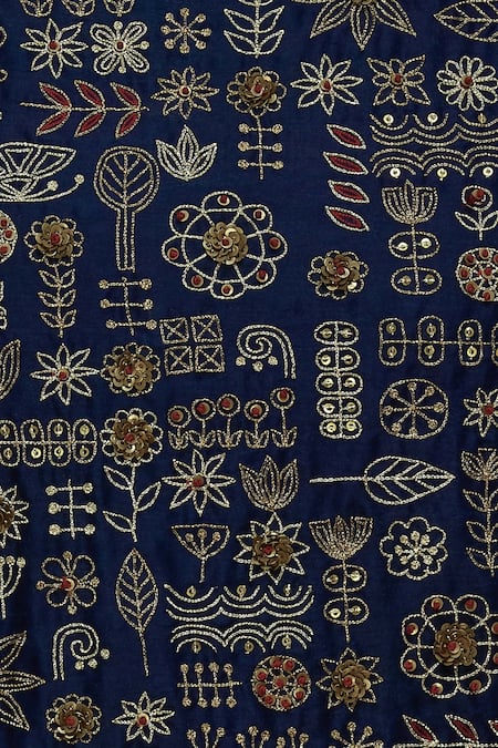 Label Earthen_Blue Silk Chanderi Navy Zari Embroidered Kurta Set For Kids_at_Aza_Fashions