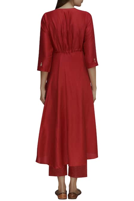 Label Earthen Red Silk Chanderi Kurta Set For Kids