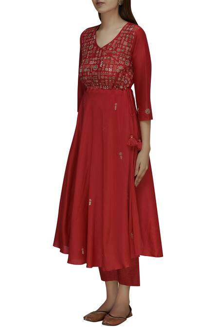 Label Earthen_Red Silk Chanderi Kurta Set For Kids_Online_at_Aza_Fashions