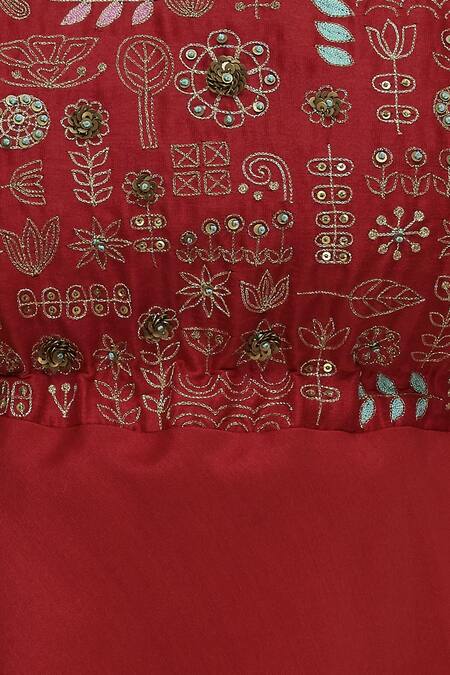 Label Earthen_Red Silk Chanderi Kurta Set For Kids_at_Aza_Fashions