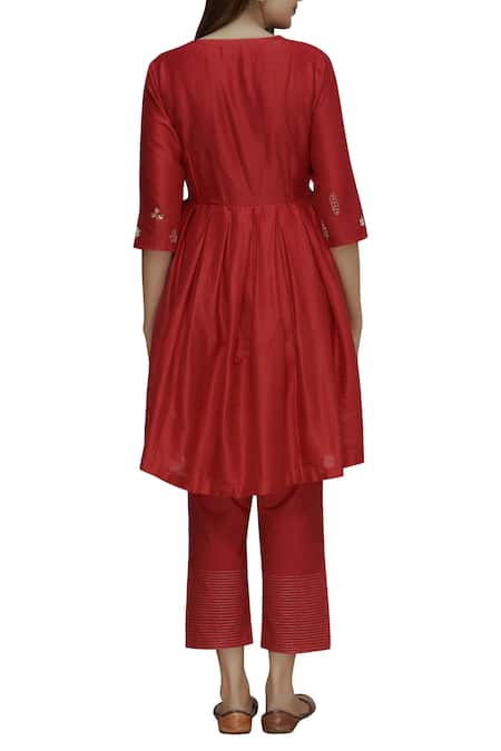 Label Earthen Red Silk Chanderi Kurta Set For Kids
