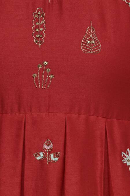 Label Earthen_Red Silk Chanderi Kurta Set For Kids_at_Aza_Fashions