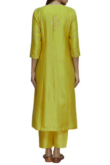 Label Earthen Yellow Silk Chanderi Kurta Set For Kids