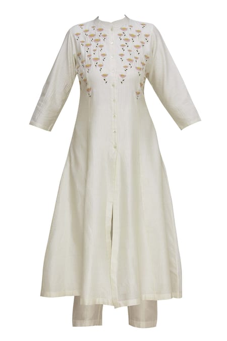 Buy_Label Earthen_Off White Silk Chanderi Embroidered Kurta Set For Kids_Online_at_Aza_Fashions