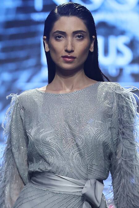 Not So Serious By Pallavi Mohan_Grey Satin Round Embroidered Flared Dress _Online_at_Aza_Fashions