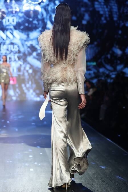 Shop_Not So Serious By Pallavi Mohan_Grey Satin Bell Bottom Pants _at_Aza_Fashions