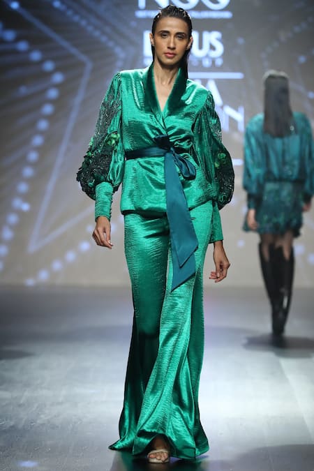 Not So Serious By Pallavi Mohan Green Satin Shawl Collar Jacket  