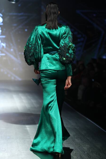 Shop_Not So Serious By Pallavi Mohan_Green Satin Shawl Collar Jacket _at_Aza_Fashions