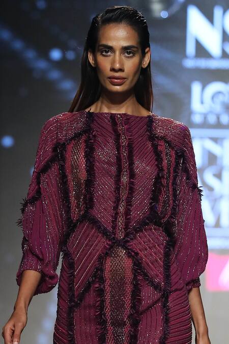 Not So Serious By Pallavi Mohan Wine Viscose Georgette Bateau Embroidered Dress Online at Aza Fashions Not So Serious By Pallavi Mohan_Wine Viscose Georgette Bateau Embroidered Dress _Online_at_Aza_Fashions