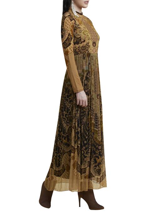 Label Ritu Kumar_Gold Chiffon, Viscose Mandarin Collar Printed Maxi Dress_Online_at_Aza_Fashions