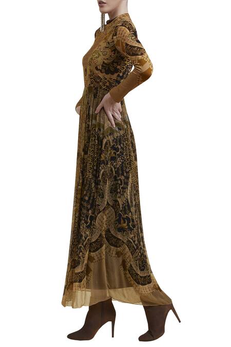 Buy_Label Ritu Kumar_Gold Chiffon, Viscose Mandarin Collar Printed Maxi Dress_Online_at_Aza_Fashions