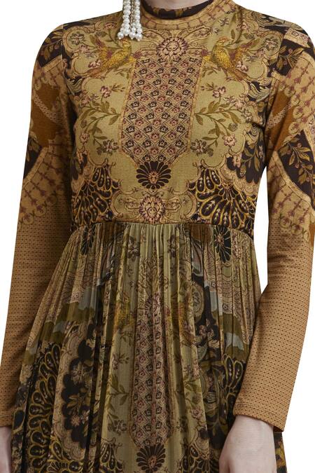 Label Ritu Kumar_Gold Chiffon, Viscose Mandarin Collar Printed Maxi Dress_at_Aza_Fashions