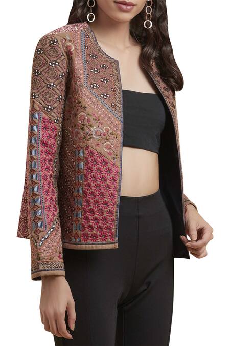 Label Ritu Kumar_Beige Suede Round Neck Embroidered Jacket_Online_at_Aza_Fashions