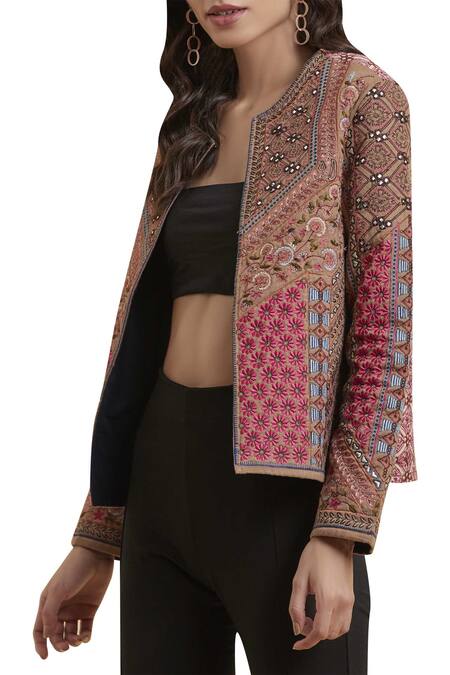 Buy_Label Ritu Kumar_Beige Suede Round Neck Embroidered Jacket_Online_at_Aza_Fashions
