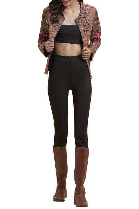 Shop_Label Ritu Kumar_Beige Suede Round Neck Embroidered Jacket_Online_at_Aza_Fashions