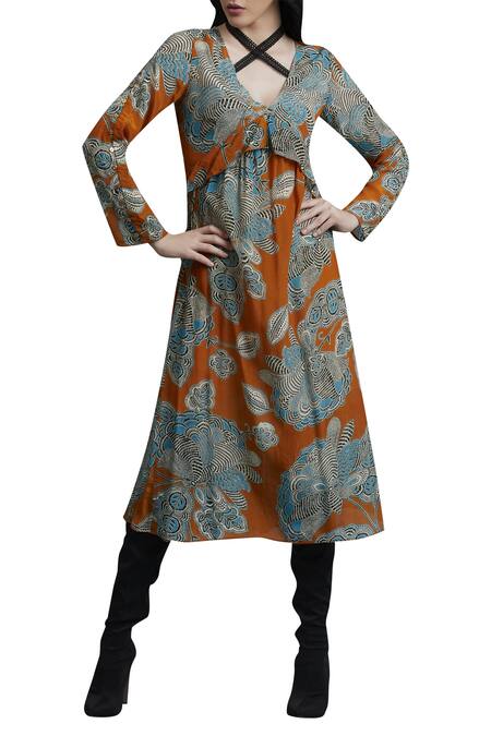 Label Ritu Kumar_Orange Crepe, Viscose V Neck Printed Midi Dress_Online_at_Aza_Fashions