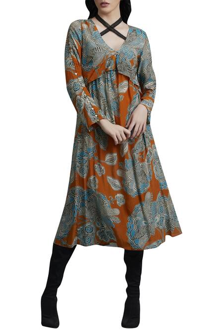 Buy_Label Ritu Kumar_Orange Crepe, Viscose V Neck Printed Midi Dress_Online_at_Aza_Fashions