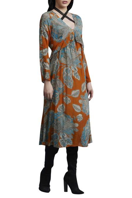 Shop_Label Ritu Kumar_Orange Crepe, Viscose V Neck Printed Midi Dress_Online_at_Aza_Fashions