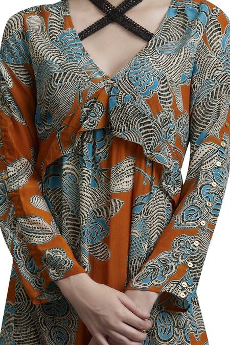 Label Ritu Kumar_Orange Crepe, Viscose V Neck Printed Midi Dress_at_Aza_Fashions