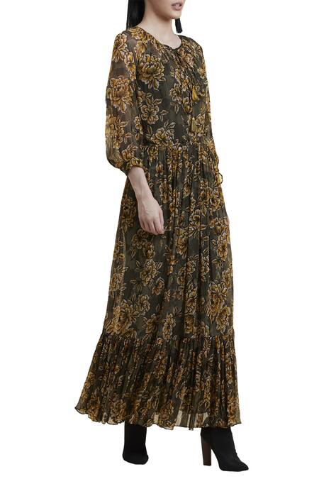 Label Ritu Kumar_Green Chiffon, Viscose Round Neck Printed Maxi Dress_Online_at_Aza_Fashions