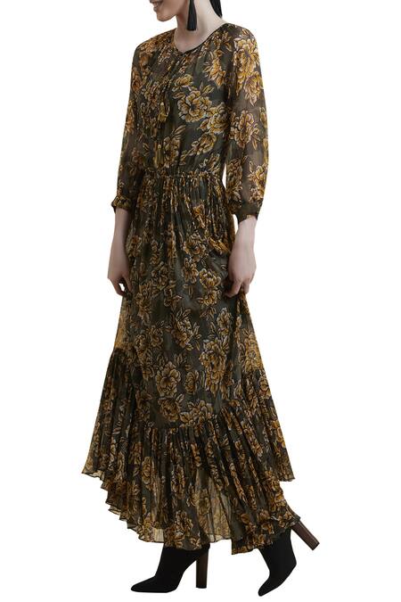 Buy_Label Ritu Kumar_Green Chiffon, Viscose Round Neck Printed Maxi Dress_Online_at_Aza_Fashions