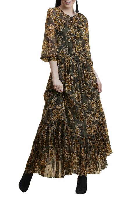 Shop_Label Ritu Kumar_Green Chiffon, Viscose Round Neck Printed Maxi Dress_Online_at_Aza_Fashions