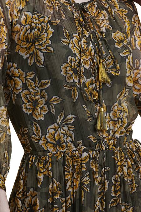 Label Ritu Kumar_Green Chiffon, Viscose Round Neck Printed Maxi Dress_at_Aza_Fashions
