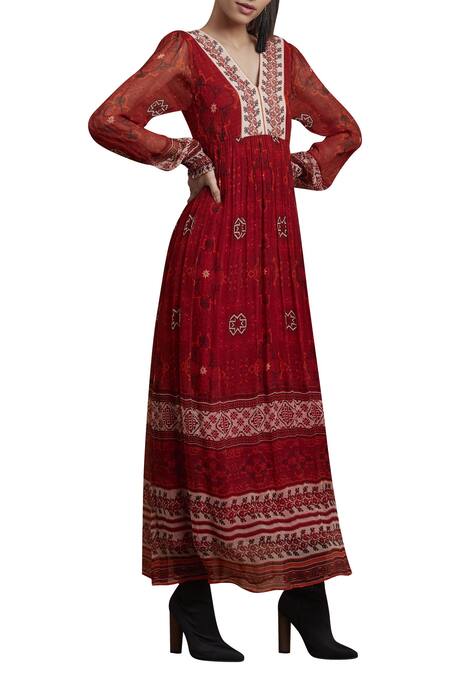 Label Ritu Kumar_Red Chiffon, Viscose V Neck Printed Maxi Dress_Online_at_Aza_Fashions