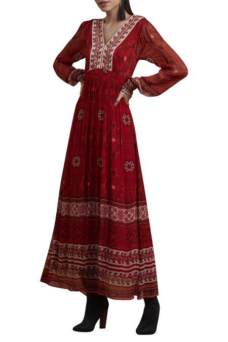 Buy_Label Ritu Kumar_Red Chiffon, Viscose V Neck Printed Maxi Dress_Online_at_Aza_Fashions