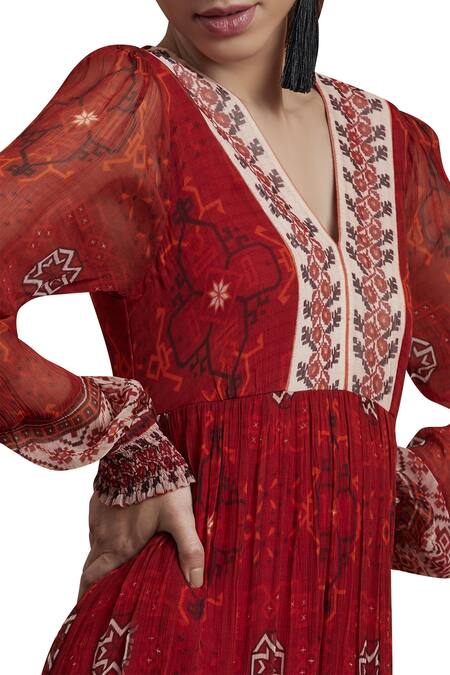 Label Ritu Kumar_Red Chiffon, Viscose V Neck Printed Maxi Dress_at_Aza_Fashions