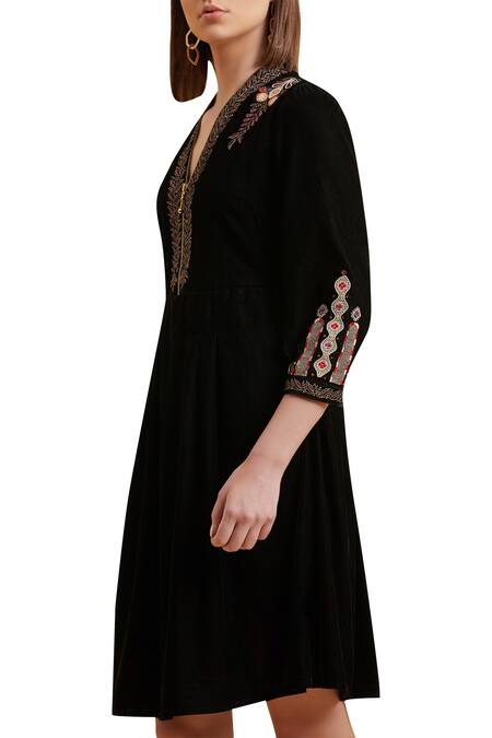 Buy_Label Ritu Kumar_Black Micro Velvet V Neck Embroidered Dress_Online_at_Aza_Fashions