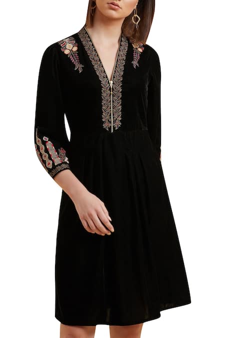 Shop_Label Ritu Kumar_Black Micro Velvet V Neck Embroidered Dress_Online_at_Aza_Fashions