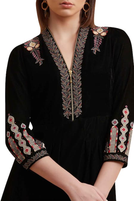 Label Ritu Kumar_Black Micro Velvet V Neck Embroidered Dress_at_Aza_Fashions
