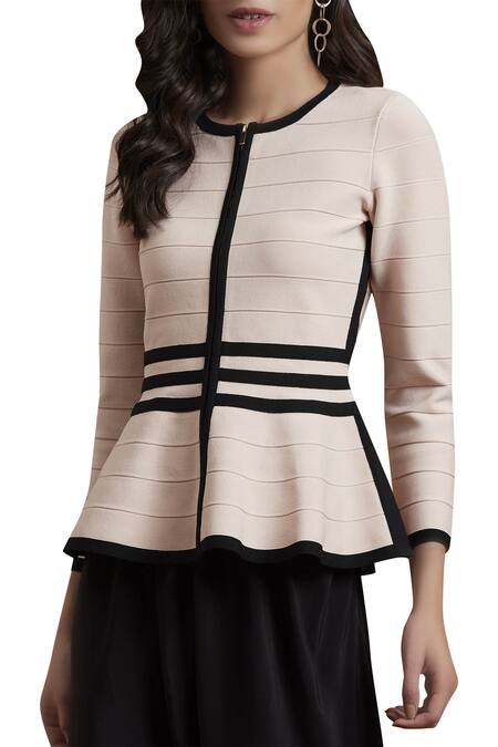 Shop_Label Ritu Kumar_Pink Viscose Round Neck Peplum Jacket_Online_at_Aza_Fashions