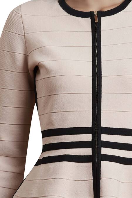 Label Ritu Kumar_Pink Viscose Round Neck Peplum Jacket_at_Aza_Fashions