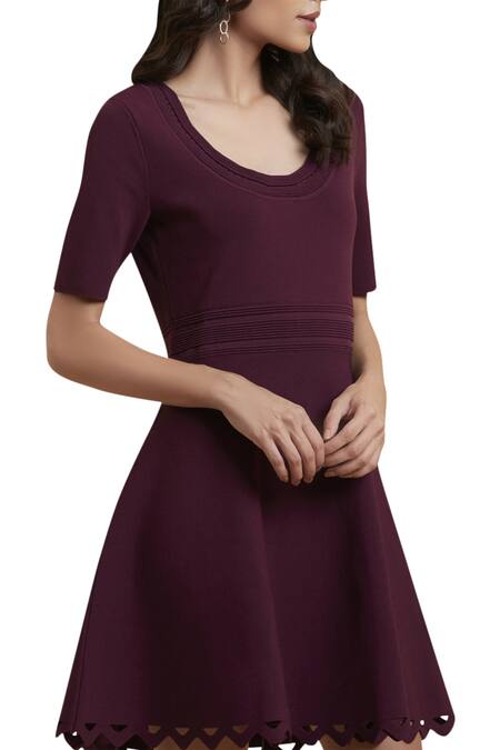 Label Ritu Kumar_Wine Viscose Round Neck Flared Dress _Online_at_Aza_Fashions