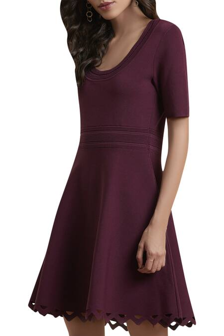 Buy_Label Ritu Kumar_Wine Viscose Round Neck Flared Dress _Online_at_Aza_Fashions