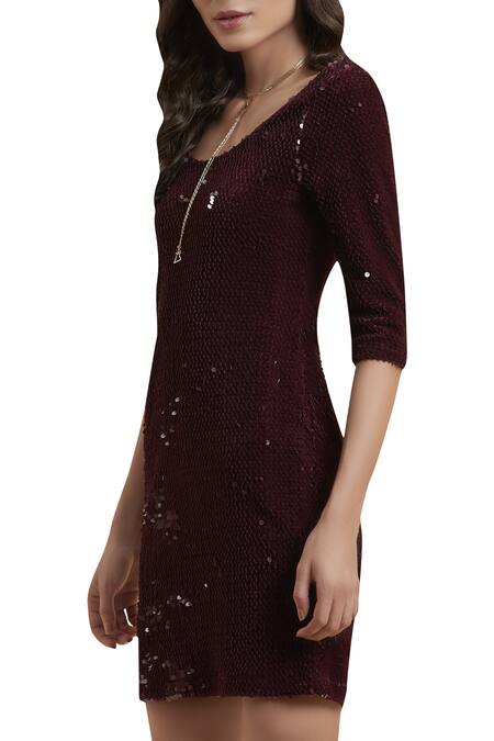 Label Ritu Kumar_Wine Sequinned Jersey Round Neck Embellished Dress_Online_at_Aza_Fashions