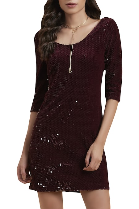 Buy_Label Ritu Kumar_Wine Sequinned Jersey Round Neck Embellished Dress_Online_at_Aza_Fashions