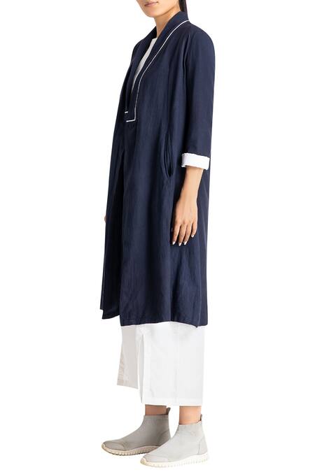Three_Blue Cotton Twill Long Jacket _Online_at_Aza_Fashions