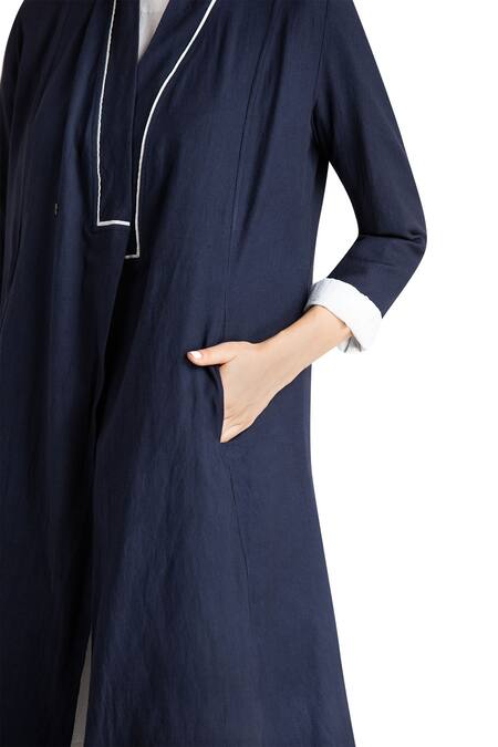 Buy_Three_Blue Cotton Twill Long Jacket _Online_at_Aza_Fashions