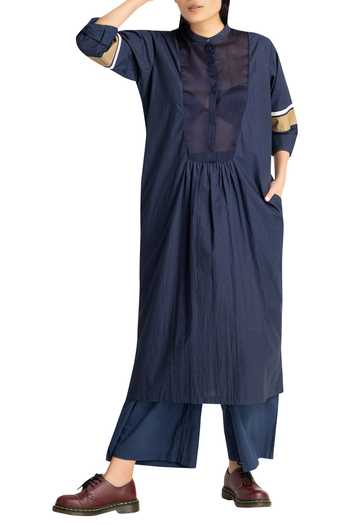 Three_Blue Cotton Poplin Chanderi Yoke Kurta Set_Online_at_Aza_Fashions