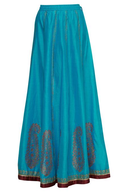 Shop_Samyukta Singhania_Maroon Chanderi, Cotton Gota Patti Round Neck Kurta Lehenga Set_Online_at_Aza_Fashions