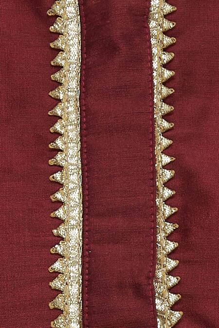 Samyukta Singhania_Maroon Chanderi, Cotton Gota Patti Round Neck Kurta Lehenga Set_at_Aza_Fashions