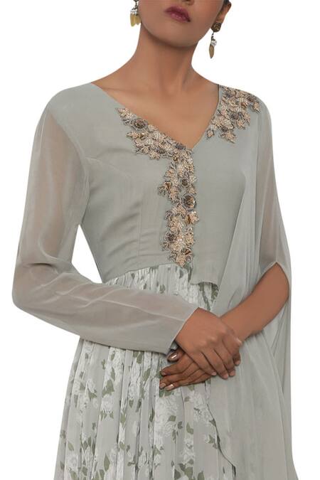 Ekru_Grey Georgette, Tafetta V Neck Floral Print Gown_Online_at_Aza_Fashions