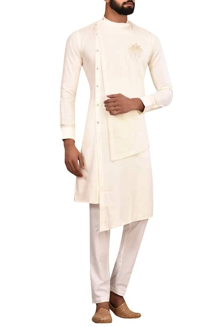 Aryavir Malhotra Off White Linen Asymmetric Kurta Set